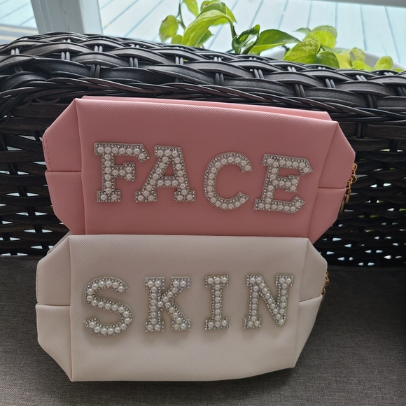 FACE SKIN Preppy Patch Makeup Bag pearl rhinestone Letter Cosmetic Pouch w/flaws - Picture 2 of 8